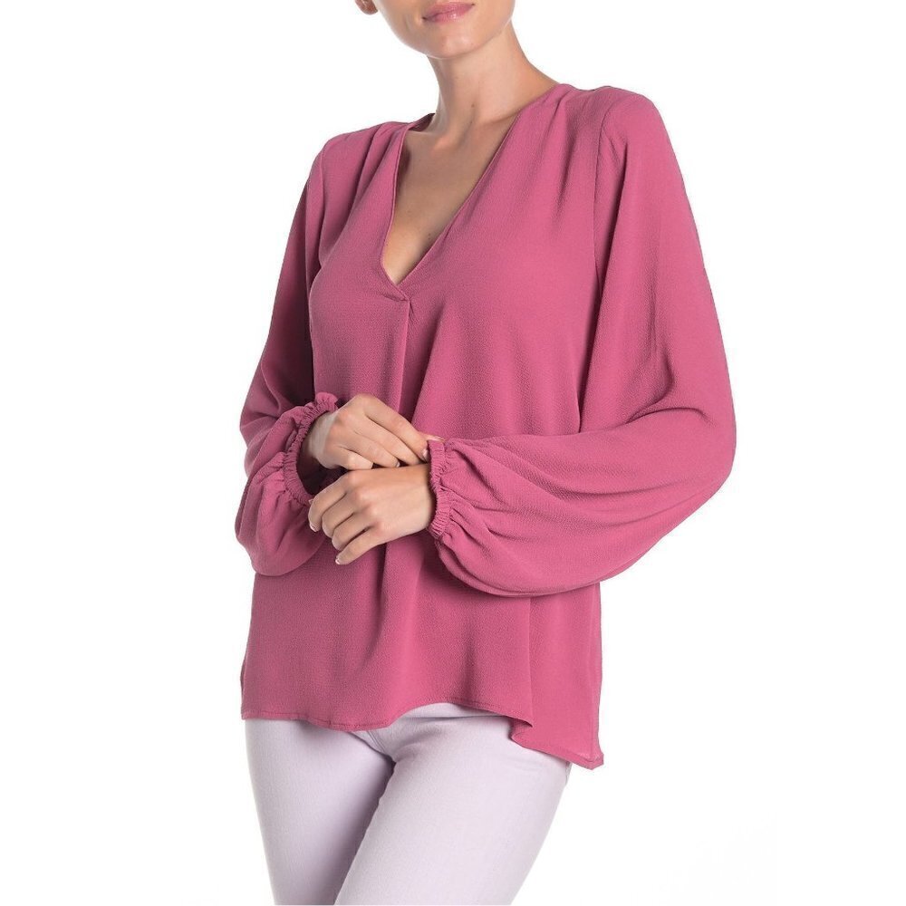 Lush Oversized Balloon Sleeve V-Neck Blouse Pink S